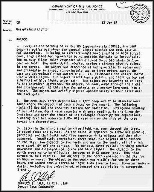 Documento oficial com o t&iacute;tulo Unexplained Lights, datado de 13 de janeiro de 1981. &Eacute; uma das provas documentais centrais da investiga&ccedil;&atilde;o militar.
