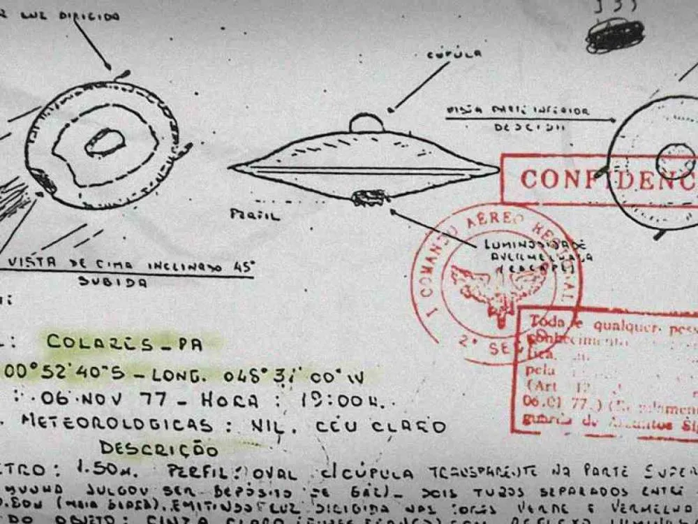 Registros gr&aacute;ficos associados &agrave;s descri&ccedil;&otilde;es de objetos luminosos observados na regi&atilde;o. S&atilde;o documentos de testemunhos, n&atilde;o fotografias que comprovem a exist&ecirc;ncia de naves.