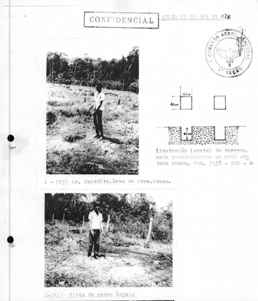 Material militar associado a uma ocorr&ecirc;ncia registrada em dezembro de 1977, com fotografias de marcas no terreno atribu&iacute;das, nos relatos, a um objeto luminoso.